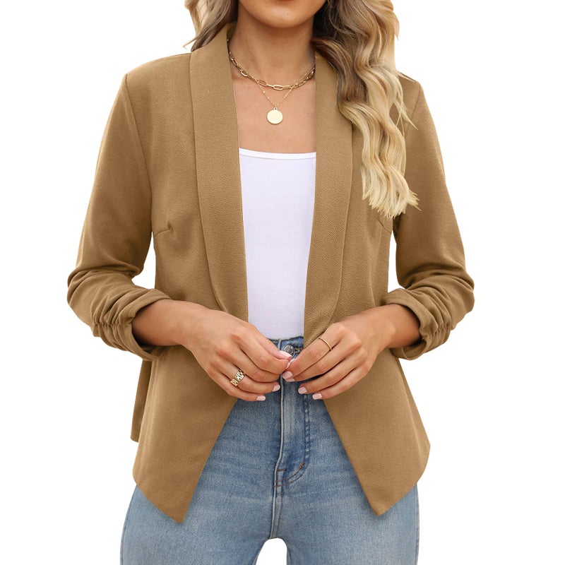 POGTMM Blaser sacos de Mujer Blazer 3/4 Sleeve Camel Colored Blazer for Women (Khaki, M) - Image 3